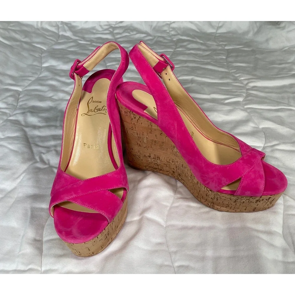 Christian Louboutin Pink Suede Cork Platform Wedge Sandals Size 38 Red Bottoms